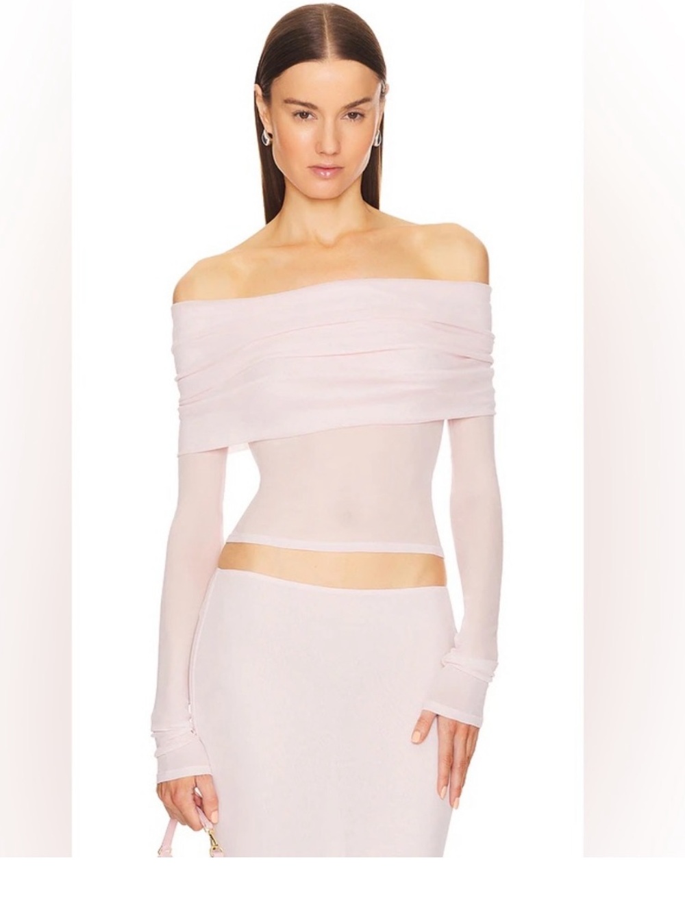 Helsa Sheer Knit Off The Shoulder Top in Ballet Pink new with Tags! - Picture 2 of 7